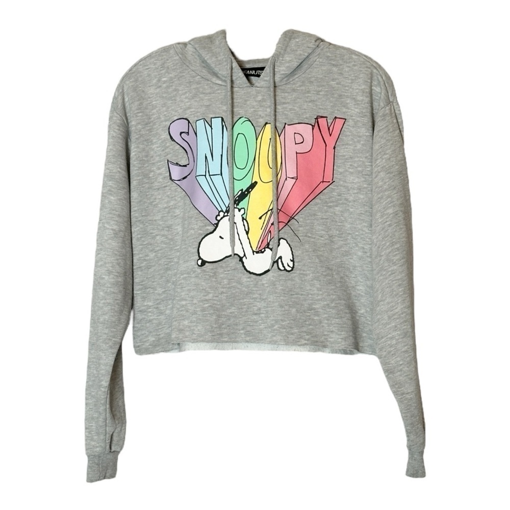 Peanuts Crop Hoodie Womens Size M Heather Gray Snoopy Pastel Rainbow Oversized